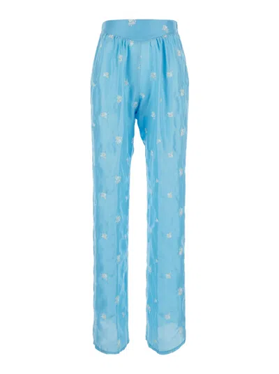 Forte Forte Petites Fleurs Embroidery Silk Flared Pants - Light Blue - Floral Embroidered Pants - Silk - Women In Multi