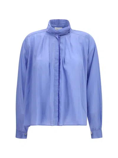 Forte Forte Pleated High-neck Cotton Blouse In Blue