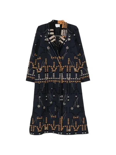 Forte Forte Blue All-over Embroidered Side Slits Wool Coat In Multi