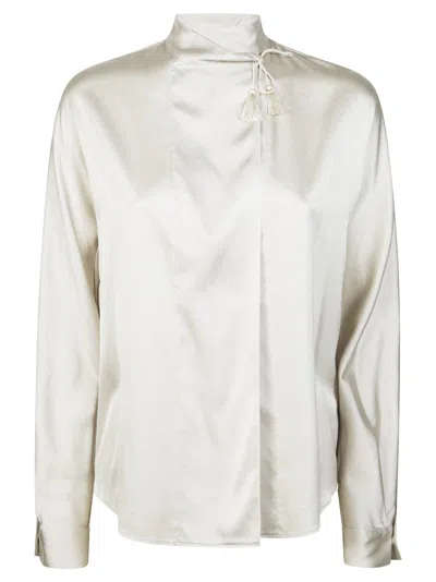 Forte Forte Satin Silk Blouse With High Neckline And Long Cuffs In White