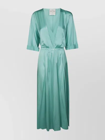 Forte Forte Satin Silk Dress With V-neckline And Elastic Waistband In Green