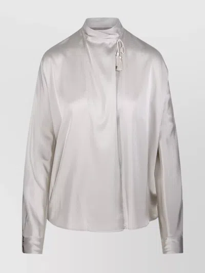 Forte Forte Satin Tassel Neck Long Sleeve Top In White