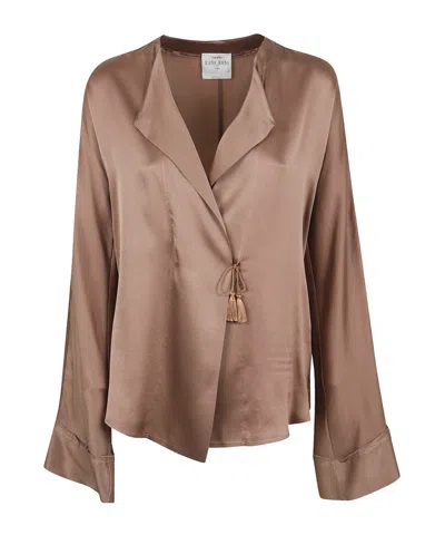 Forte Forte Shiny Stretch Silk Satin Crossed Shirt In Brown