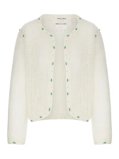 Forte Forte Short Cardigan In Openwork Knit With Embroidery In Ivory