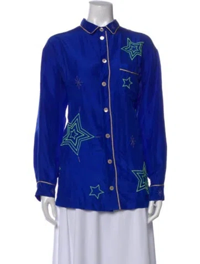 Pre-owned Forte Forte Silk Graphic Print Button-up Top In Blue