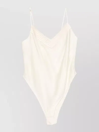 Forte Forte Silk Satin Bodysuit Pleated Detail V Neckline In White