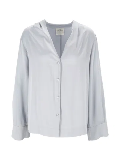 Forte Forte Silver Chic V-neck Button-down Silk-satin Shirt In Gray