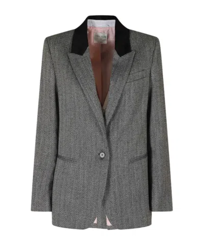 Forte Forte Herringbone-pattern Velvet-collar Jacket In Gray