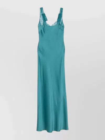 Forte Forte Sleeveless Lace Trim Satin Floor Length Dress In Blue