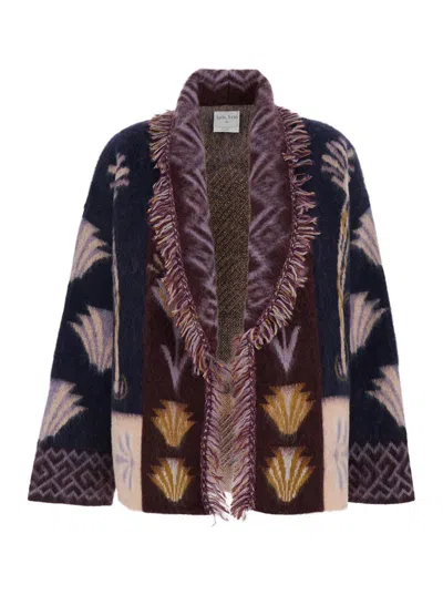 FORTE FORTE 'SOGNI' MULTICOLOR CARDIGAN WITH FRINGED DETAILS AND ALL-OVER GEOMETRIC MOTIF IN WOOL BLEND WOMAN