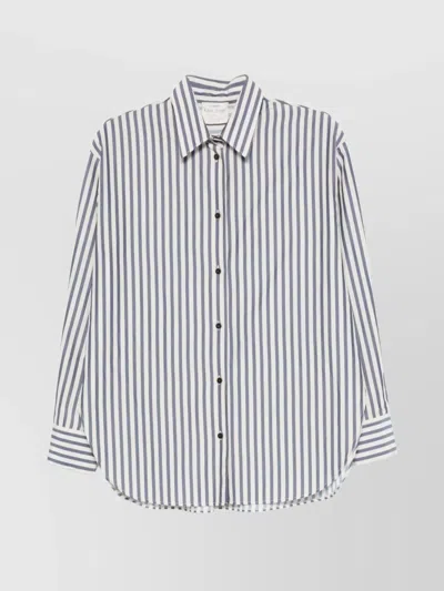 Forte Forte Striped Long Sleeve Top With Curved Hem In Blue