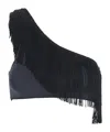 Forte Forte Black One-shoulder Top With Fringe Embellishments In Tech Fabric Stretch Woman
