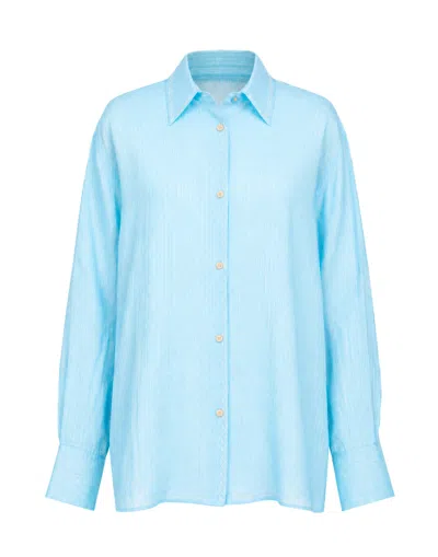 Forte Forte Turquoise Pinstripe Linen-blend Embroidered Shirt In Blue