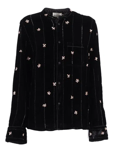 Forte Forte Velvet Pajama Shirt With Petites Etoiles Embroidery In Black