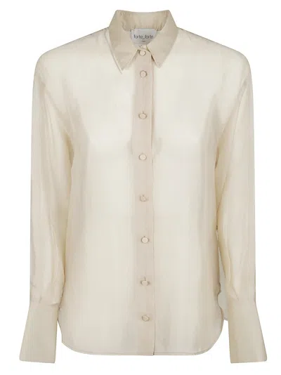 FORTE FORTE WHITE CUPRO SHIRT WITH POINTED COLLAR AND FABRIC-COVERED BUTTONS