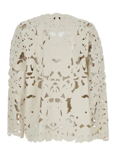 Forte Forte White Jacket With All-over Poetic Orchid Embroidery And Perforated Design In Eco Leather Woman