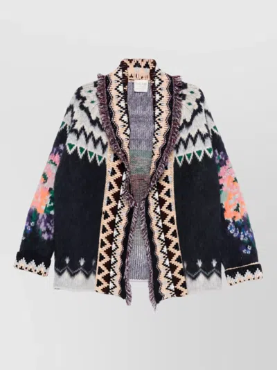 Forte Forte Wool Oversized Geometric Shawl Collar Fringe Trim Long Sleeve Cardigan In Multi