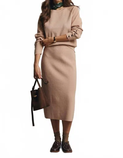 Forte Ribbed Cuff Sweater & Midi Skirt Knit Set In Beige