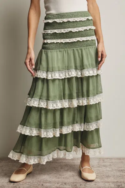 Forte Smocked Lace Trim Two-way Midi Dress Skirt In Green