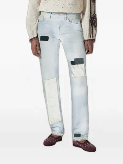 Fortela Five Pockets Patchwork Denim Pants In Light Blue In Multi
