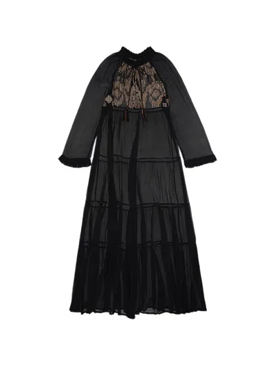 Fortela Arsia Embroidered Silk Chiffon Kaftan Dress In Black