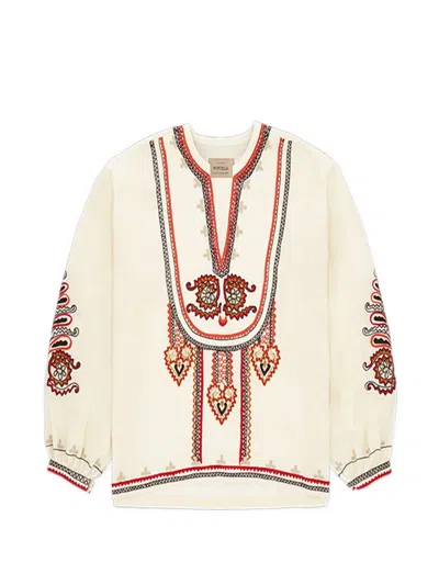 Fortela Cinthya V-neck Front-embroidered Blouse In Neutral