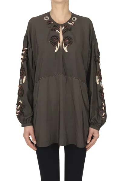 Fortela Embroidered Embellished Silk Shirt In Brown