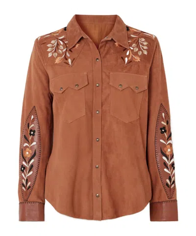 Fortela Blondie Embroidered Leather-trimmed Suede Shirt In Brown