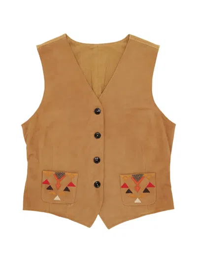 Fortela Embroidered Pocket Chamois Leather Waistcoat In Brown
