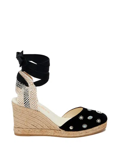 Fortela Espadrilles Stone-embellished Wedge Espadrilles In Black