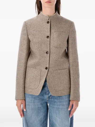 Fortela Fanny Herringbone-pattern Band-collar Blazer In Gray