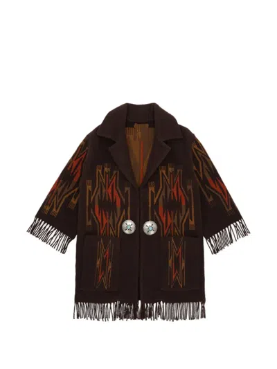 Fortela Freya Fringed Patterned Cardigan In Brown