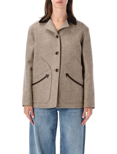 Fortela Herringbone Button-front Jacket With Corduroy Collar In Neutral
