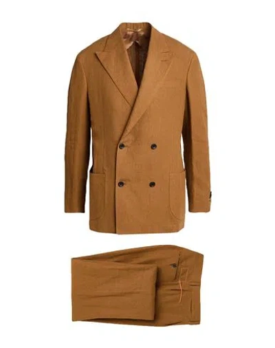 Fortela Man Suit Camel Size 46 Linen In Beige