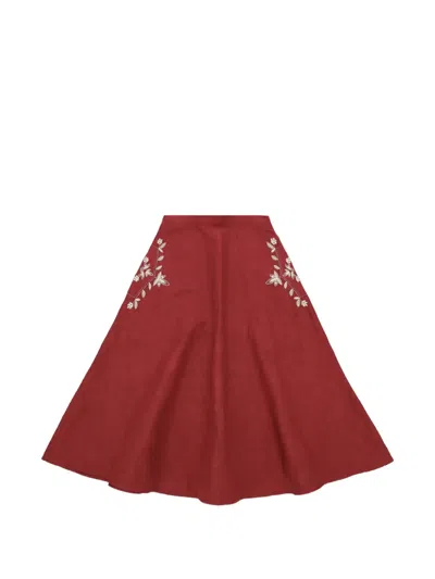 Fortela Nicole Embroidered Linen Skirt In Red