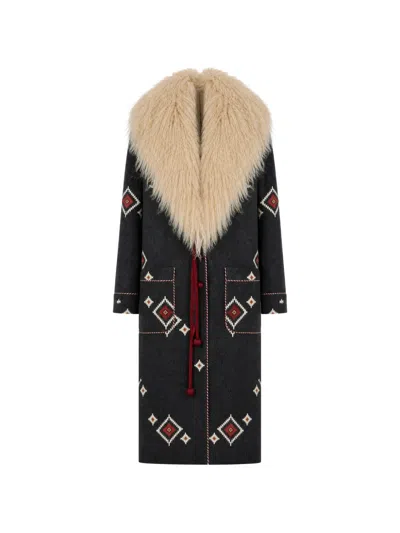 Fortela Shearling-collar Geometric-print Coat In Black
