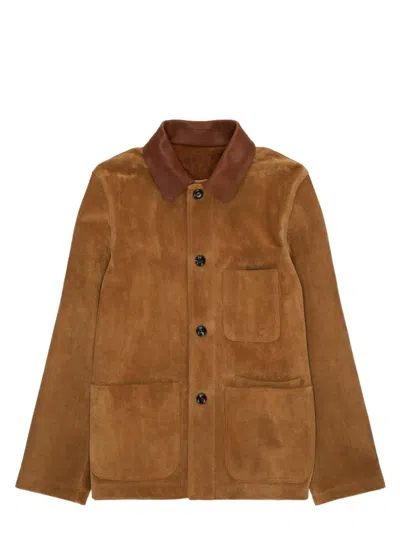 Fortela Tailored Camel Suede Jacket With Horsehide Collar In Brown