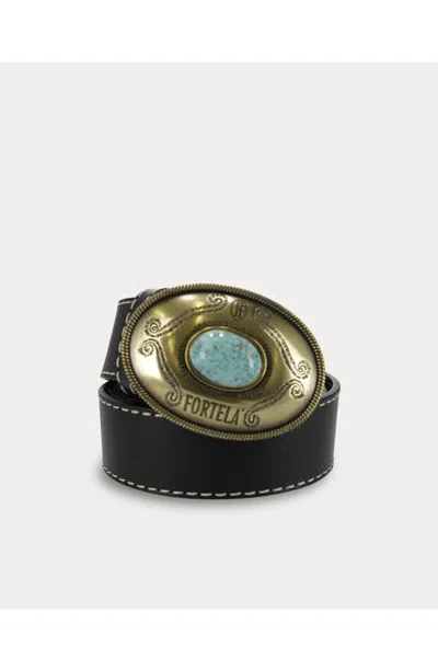 Fortela Tate Logo Buckle Calfskin Belt In Black