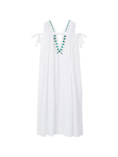 Fortela Turquoise Stone V-neck Dress In White