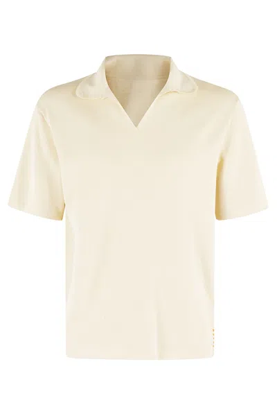 Fortela V-neck Polo T-shirt With Ribbed Trims In White