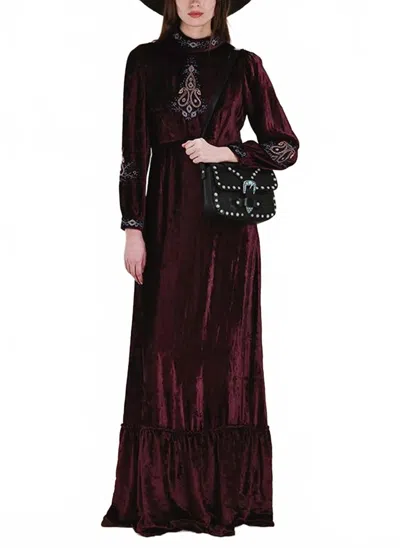 Fortela Velour Embroidered Maxi Dress In Purple In Burgundy