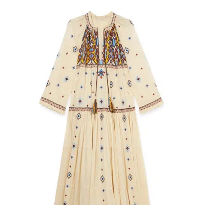 Fortela Wide Caftan With Embroidered Bib In Neutral