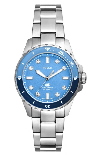 Fossil Women's Blue Dive Three-hand Stainless Steel Watch 36mm In Silver-tone