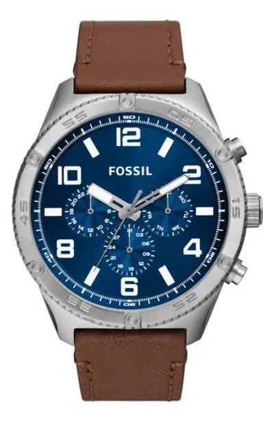 Fossil Brox Multifunction Leather Strap Watch, 50mm In Silver