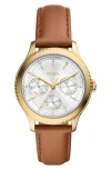 Fossil Brynn Multifunction Leather Strap Watch, 38mm In Gold
