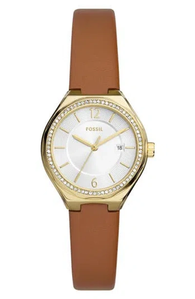 Fossil Eevie Crystal Three-hand Leather Strap Watch, 30mm In Gold
