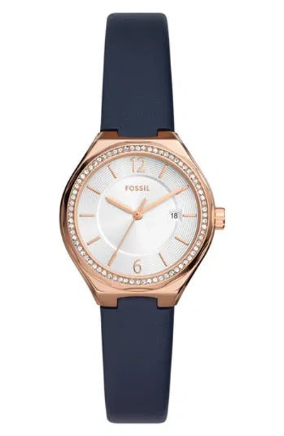 Fossil Eevie Crystal Three-hand Leather Strap Watch, 30mm In Blue