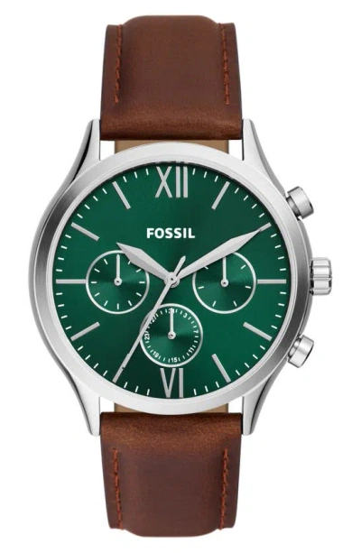 Fossil Fenmore Multi Function Leather Strap Watch, 44mm In Silver