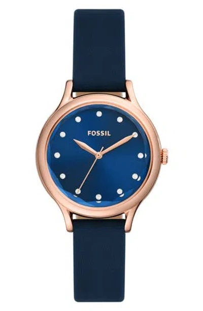 Fossil Laney Three-hand Rose Gold-tone Leather Watch, 34mm In Navy/rose Gold