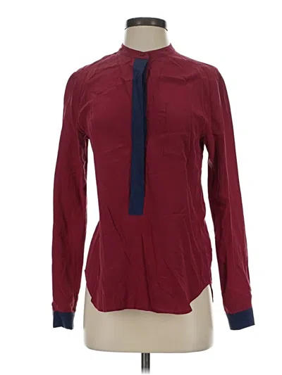Pre-owned Fossil Long Sleeve Silk Top Burgundy Color Block Pattern Mock Neckline Tops